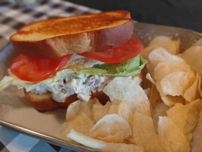 Chicken salad sandwich on toasted bread with a side of chips